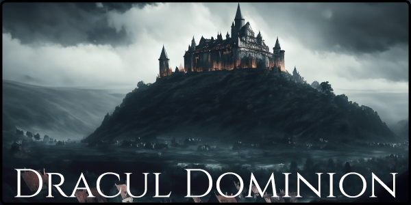 Dracul Dominion castle on a dark hill beneath storm clouds
