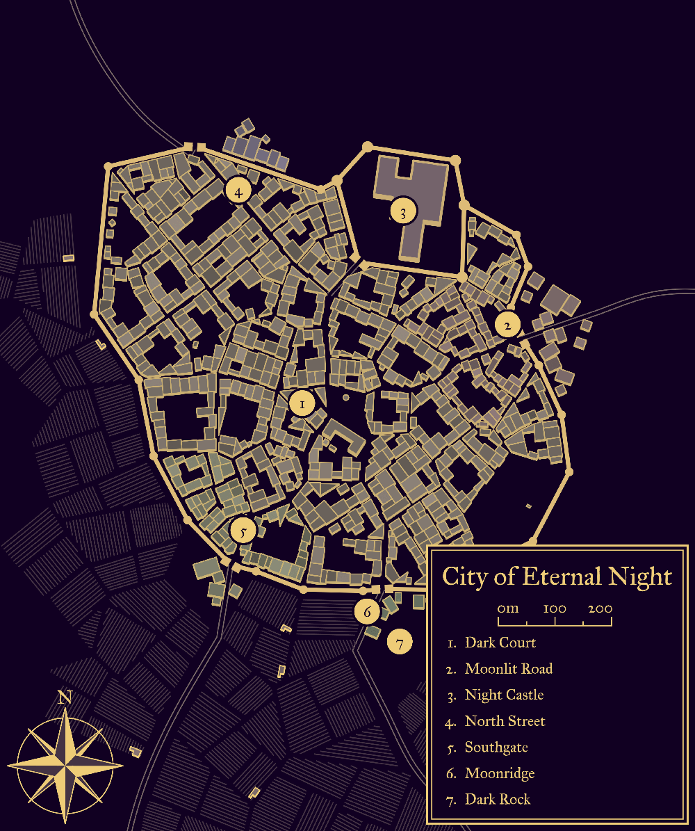Map of the City of Eternal Night with Dark Court, Moonlit Road, Night Castle, North Street, Southgate, Moonridge, and Dark Rock