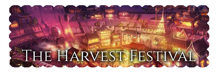 The Harvest Festival banner over a glowing night market