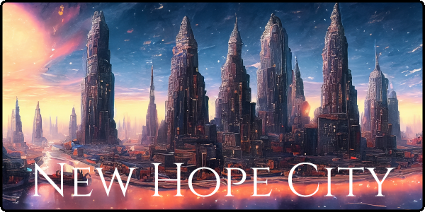 New Hope City banner showing a futuristic human stronghold