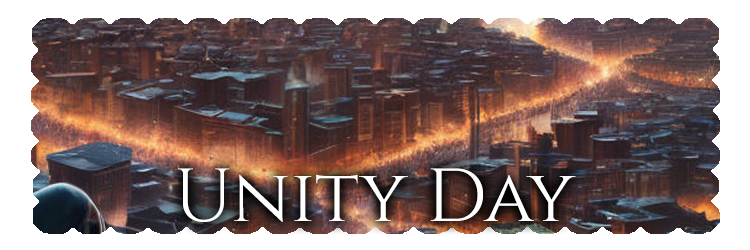 Unity Day banner over a human city celebration