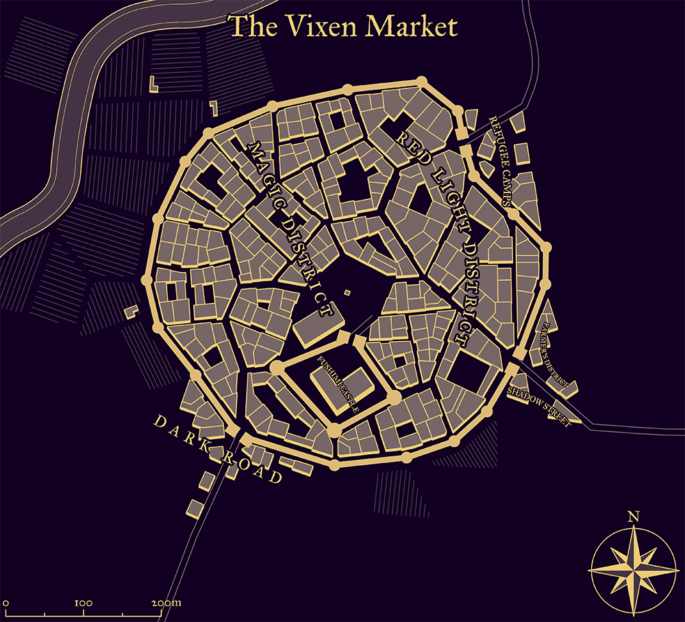 Map of The Vixen Market with Magic District, Red Light District, Fushimi Castle, and surrounding roads